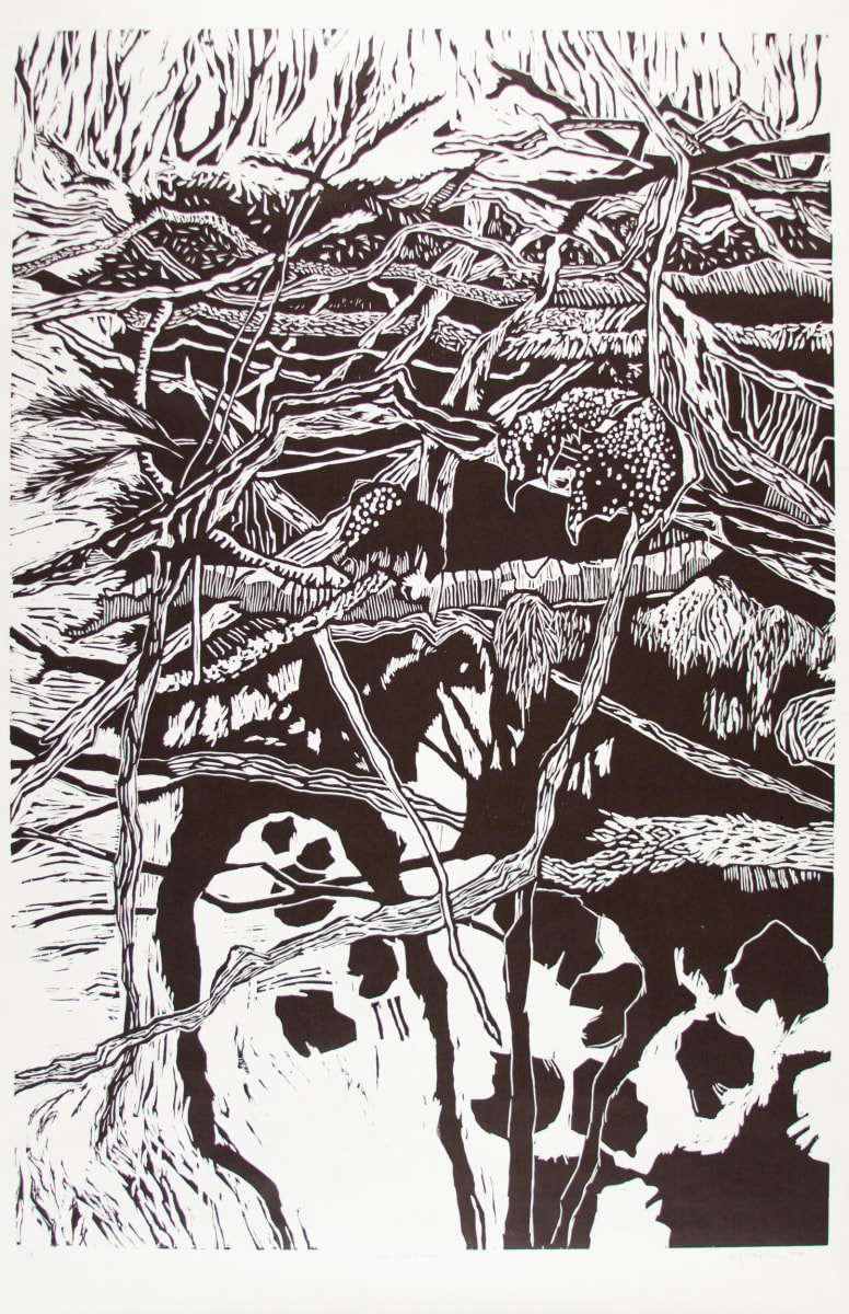 Big Bird's Nest by Michael Rich  Image: Big Bird's Nest, 2018, woodcut, 60 x 40 in