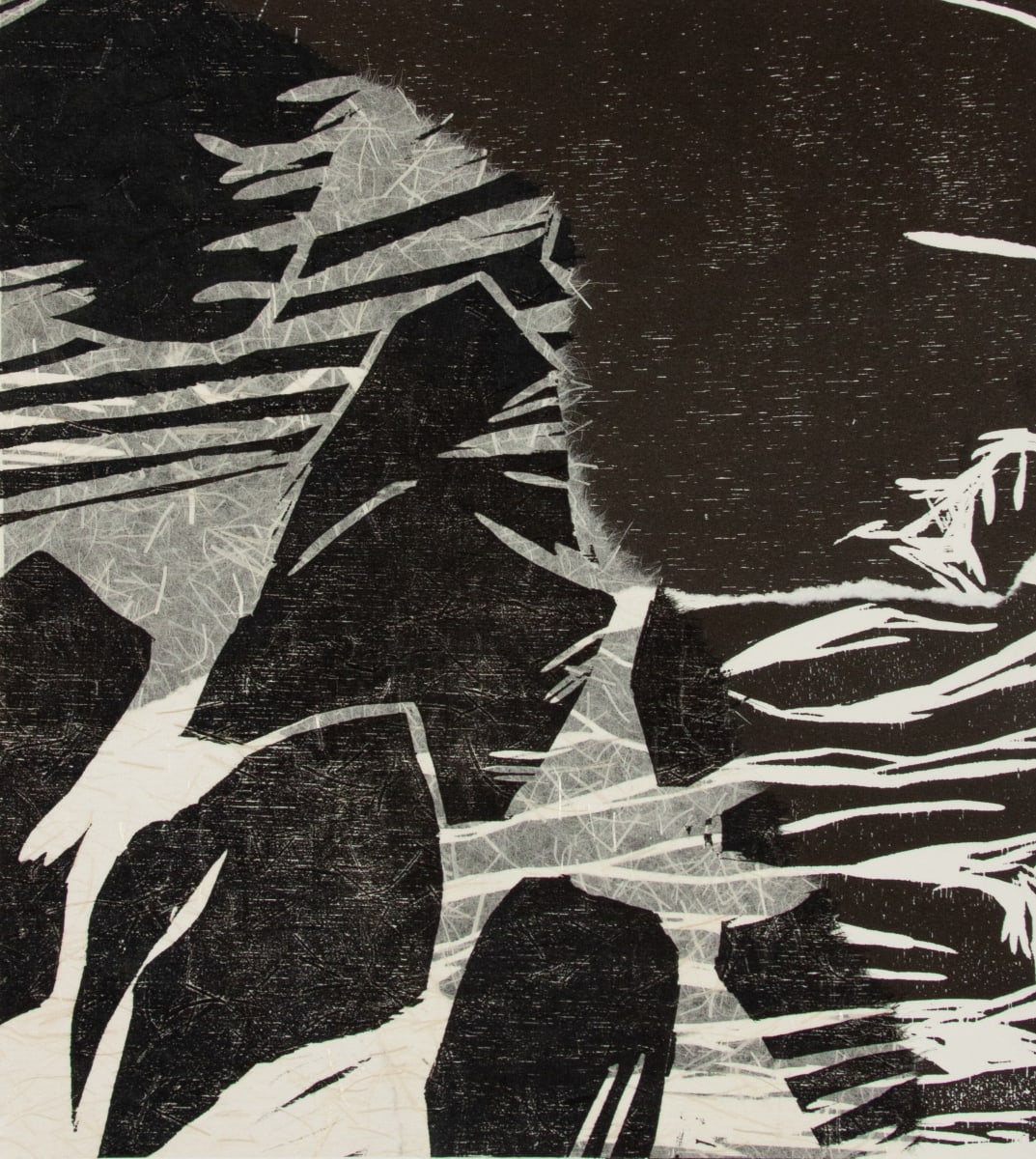 On the  Rocks by Michael Rich  Image: On the Rocks, 2016, woodcut collage, 10 x 9 in