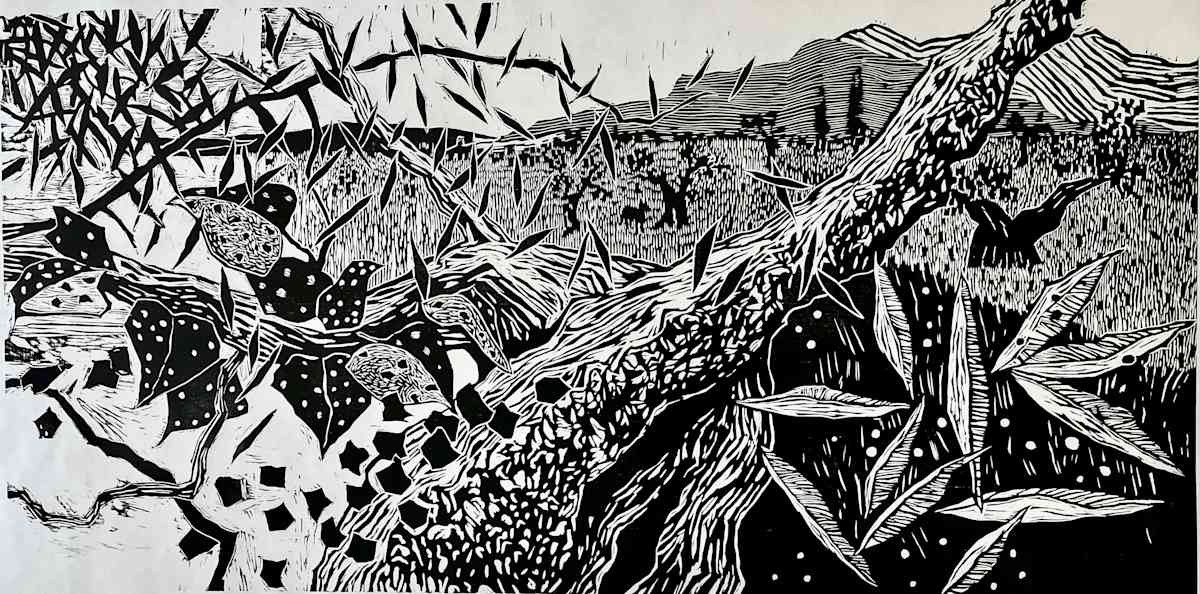 Uliveto by Michael Rich  Image: Uliveto, 2024, woodcut (edition of 3), 24 x 48 in