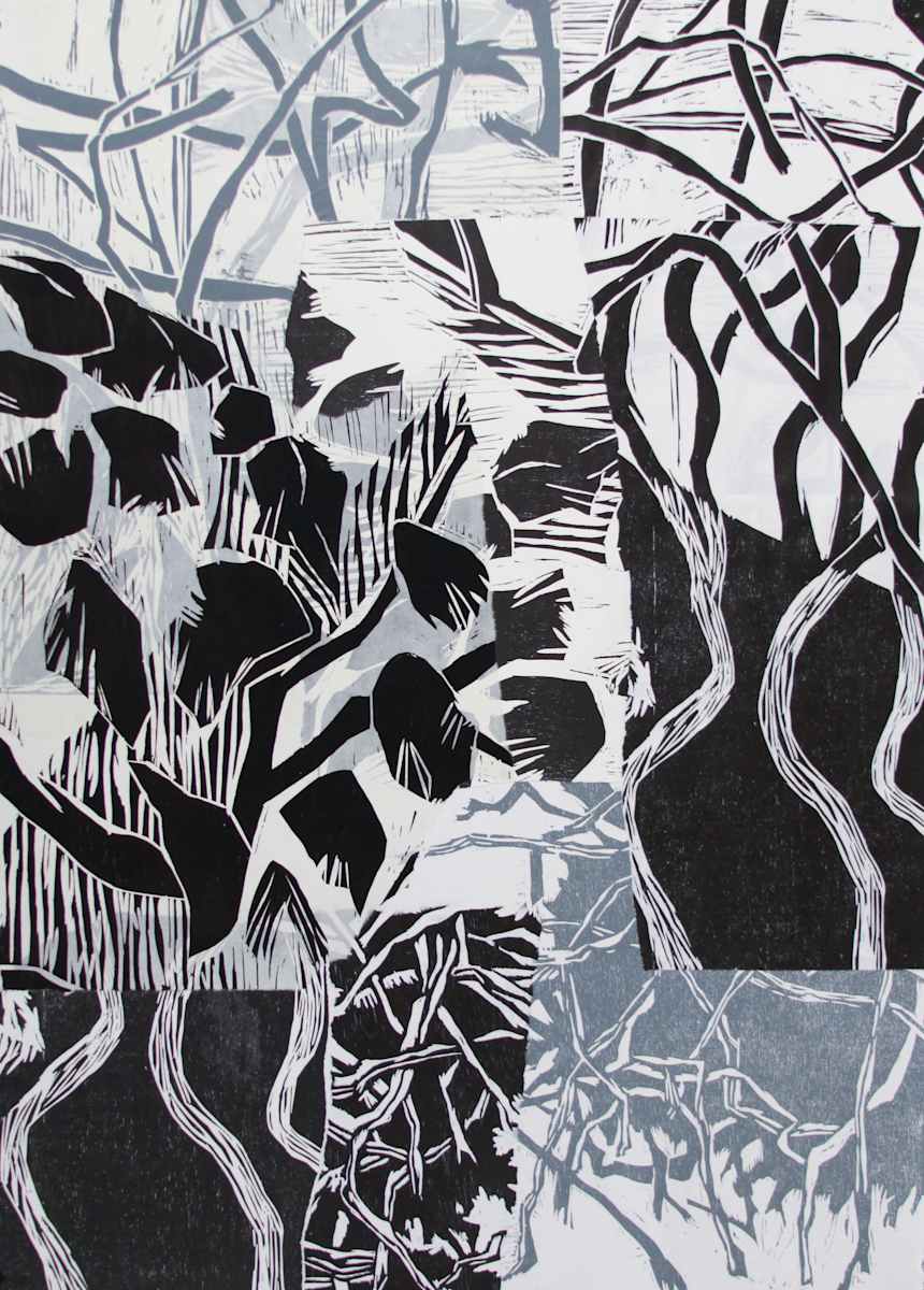 Roots by Michael Rich  Image: Roots, 2018, woodcut collage on panel, 43.5 x 29.5 in