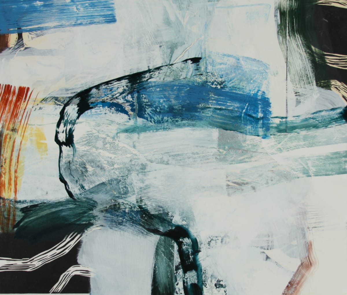 Swimmer by Michael Rich  Image: Swimmer, 2021, oil and woodcut collage on canvas, 22 x 26 in