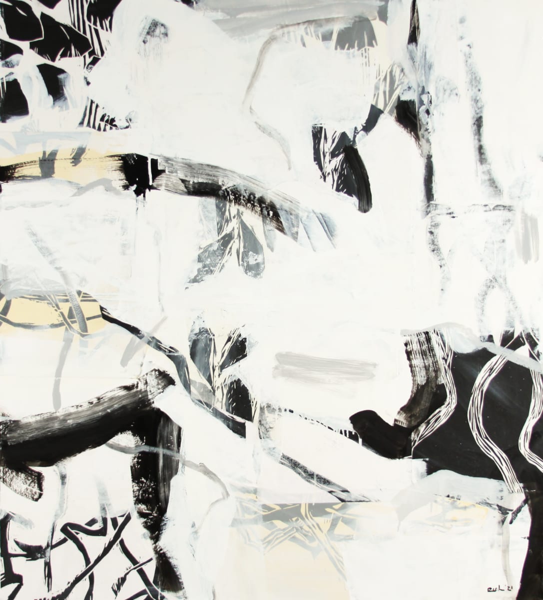 Winter Landscape by Michael Rich  Image: Winter Landscape, 2021, oil and woodcut on canvas, 44 x 40 in