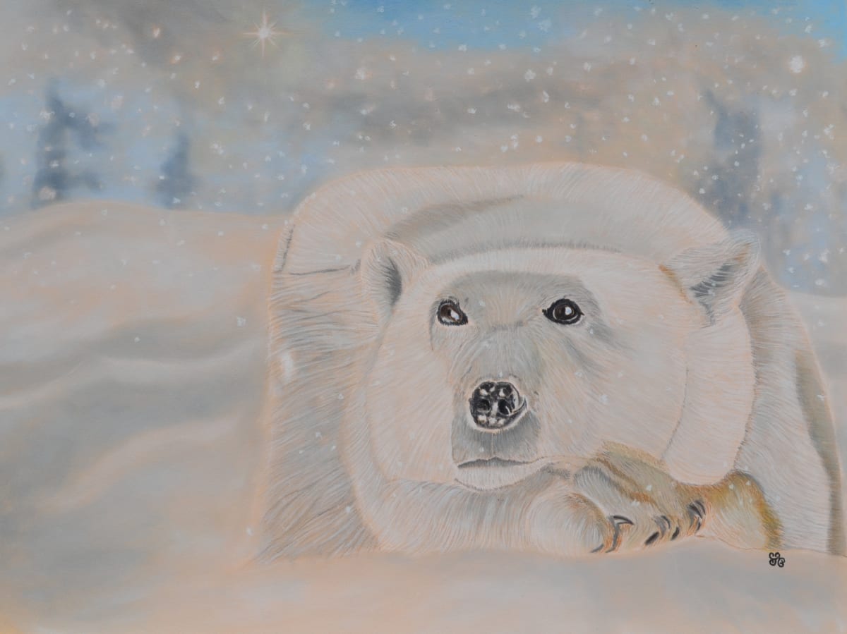 "Great Bear of the North" by Jules Chabeaux  Image: The Polar Bear contemplates life as the North Star shines down upon him.  The snow falls gently as he merges into his landscape.