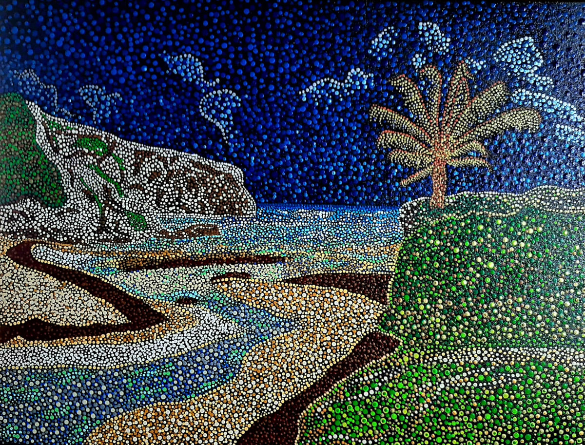 BAY BY THE RIVER by Cher-Antoinette  Image: "BAY BY THE RIVER" captures a well known area of my beautiful island Barbados, River Bay in my personal style of Modern Pointillism.
