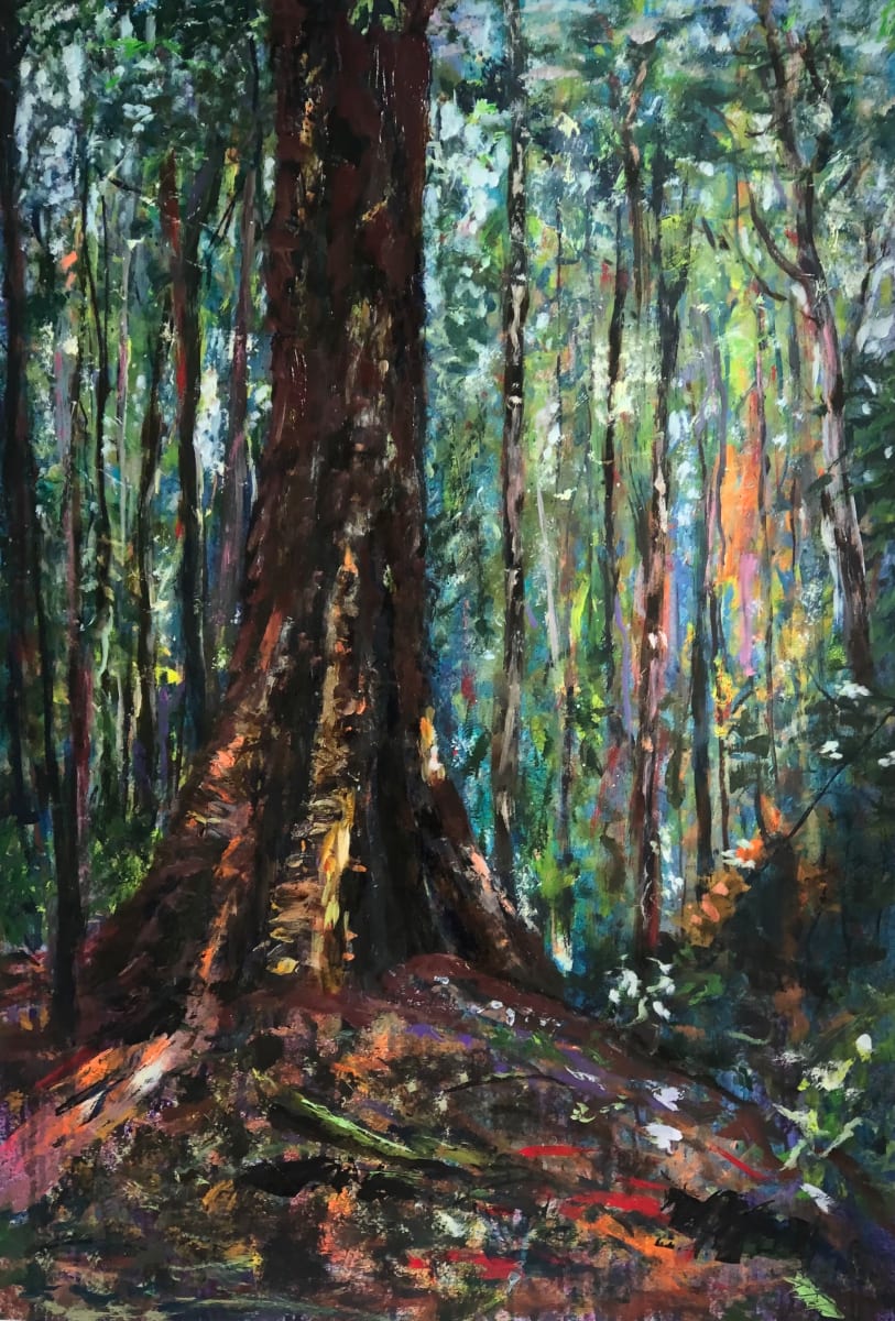 Nature's Giant by Cyndy Broekers  Image: 'Nature's Giant', inspired by a walk to Russell Falls, Mt Field National Park, Tasmania.  Mixed media and oil on 350gsm synthetic paper.