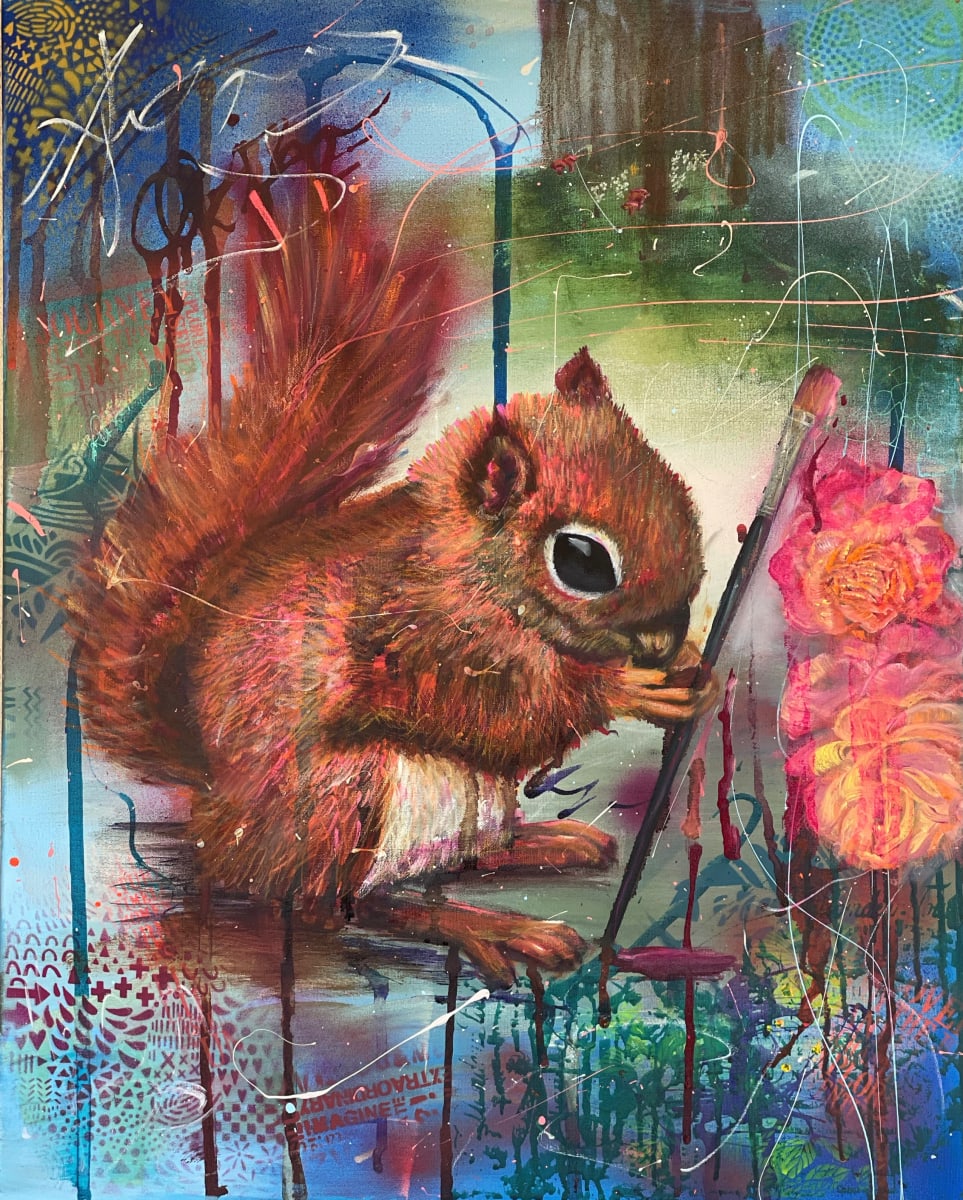 Sebastian  Image: 'Sebastian', the original in the Nostalgic Squirrel series. Mixed media and oil on a low profile stretched canvas.