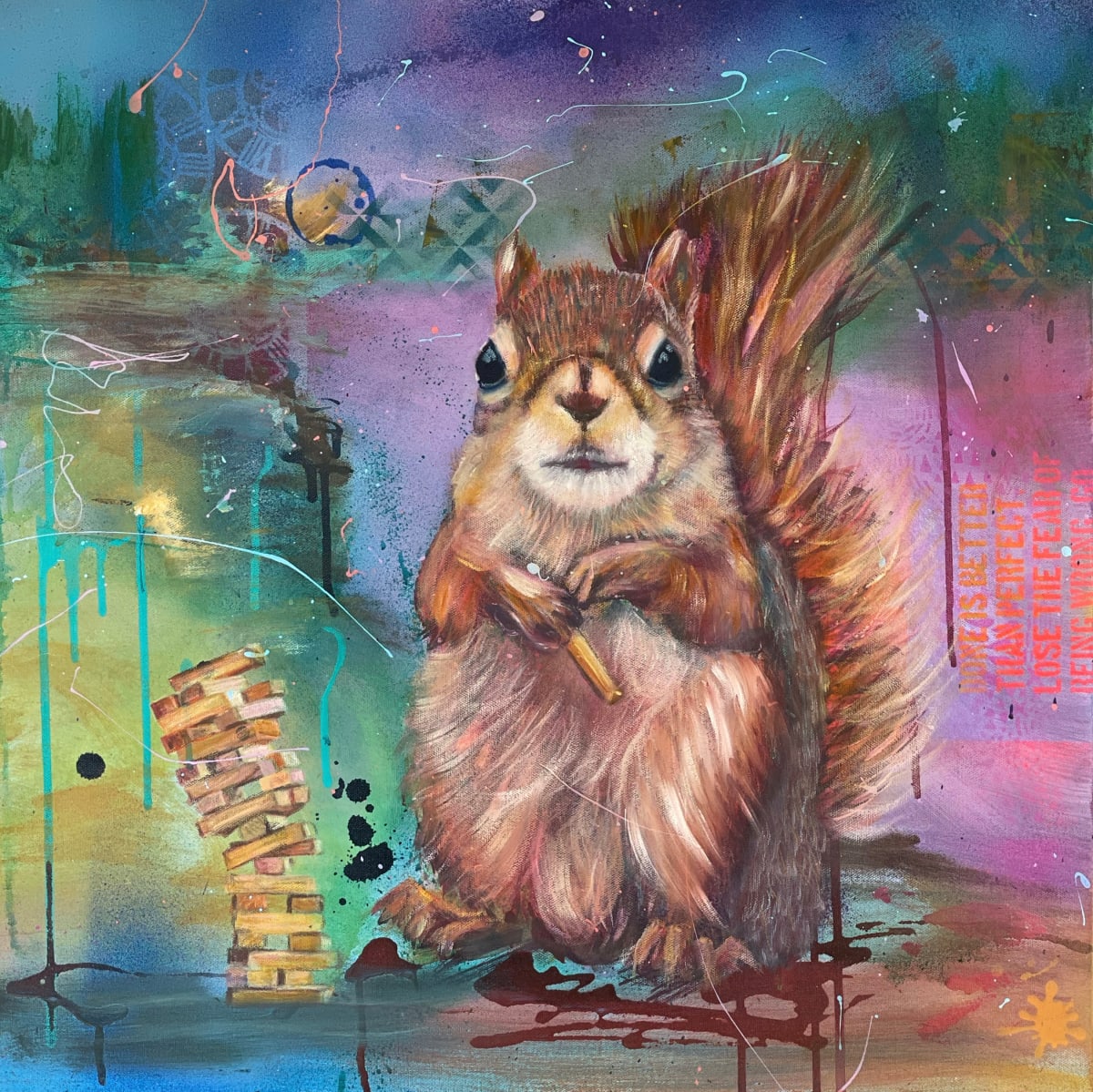 What the Jenga?!  Image: Jenga Squirrel, 24 x 24" mixed media and oil on gallery wrapped canvas