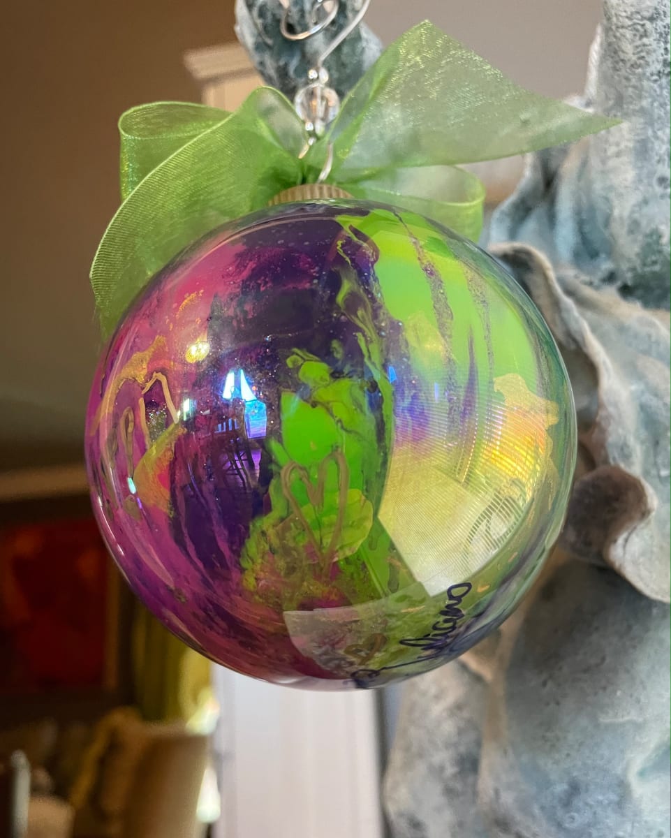 Celebration Collection #41 by Shannon Juliano  Image: Gorgeous rich purple, lime green, hot pink, gold, glitter and shimmer...all having one big party in this iridescent glass globe...this one exudes celebration! Makes great set w #7 and #18...