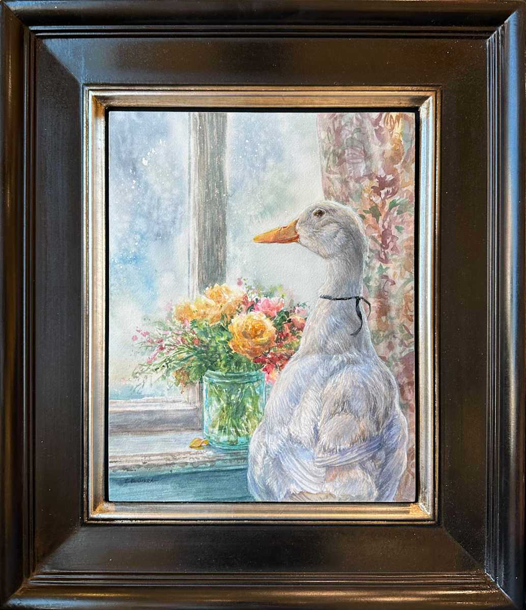 Fallen (framed watercolour) by Crystal Beshara  Image: "Fallen" A female duck remembers her seafaring love who has been reported as lost at sea, never to return home. She sits by the window wistfully as inside her heart she holds tightly to a glimmer of hope. There she awaits until the last fallen petal. 140lb cold pressed %100 Rag paper Watercolor mounted on cradled birch panel. Varnished UV Silver Leafed sides.