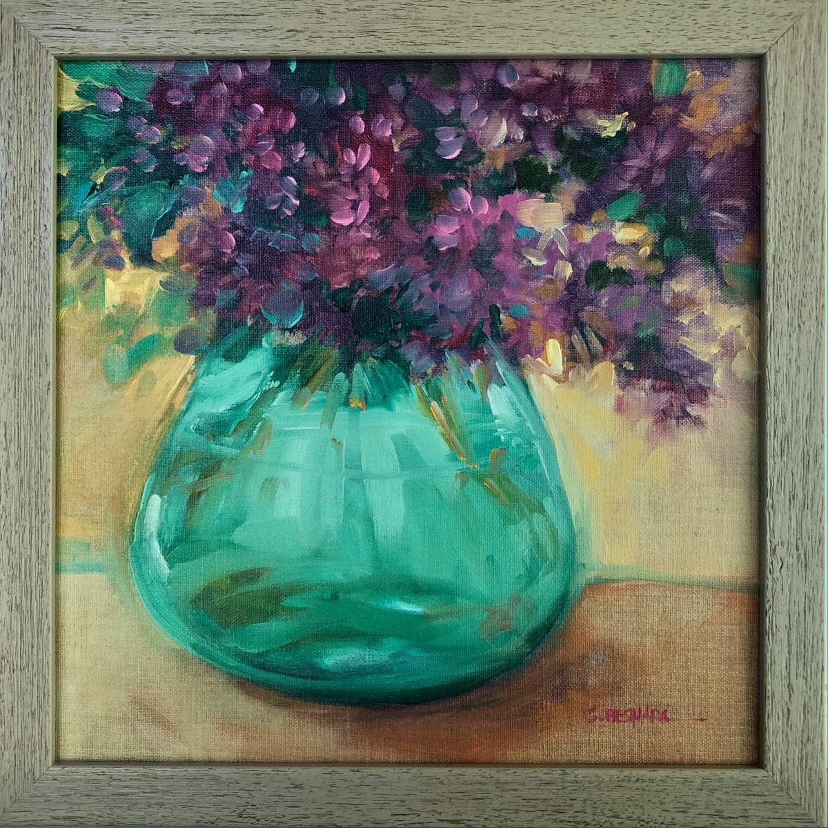 Lilacs with Green Vase (warm) by Crystal Beshara Fine Artist, Image 1.