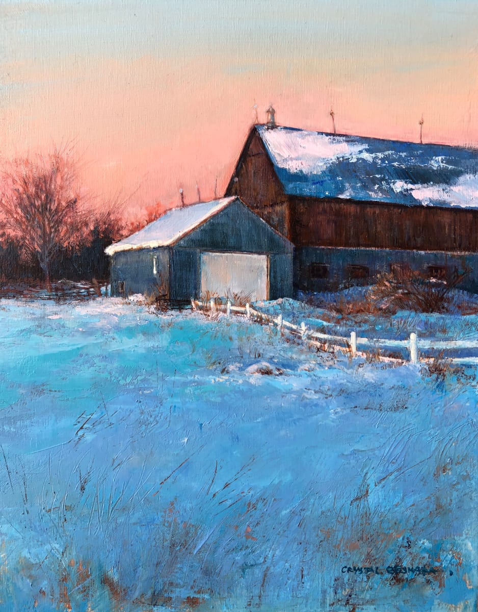 In Stillness  Image: I couldn’t resist the contrast of the blues with the peaches and lavender as the sun began to set on this, one of my favourite farms in the area. 
oil on wood panel. 

SIZE: 11inx14in 