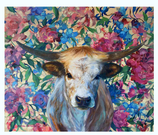 Young bull with flowers by Crystal Beshara 