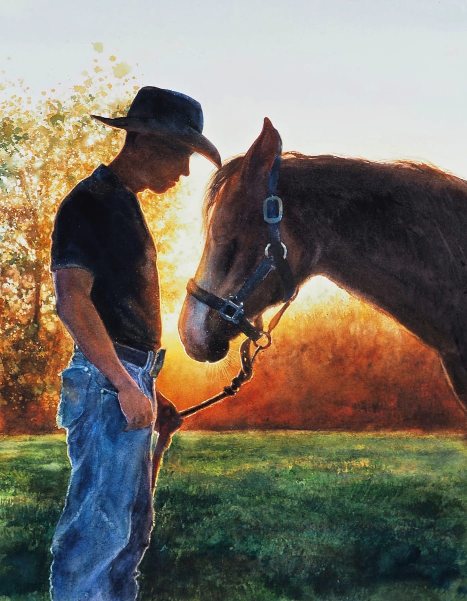 Young Colt by Crystal Beshara  Image: 14” x 18” image After a schooling and breaking in session, a young cowboys takes a moment with his new colt. Matted in an extra thick bevelled mat,  framed in a lustrous antique silver real wood frame in UV, non reflective glass. 