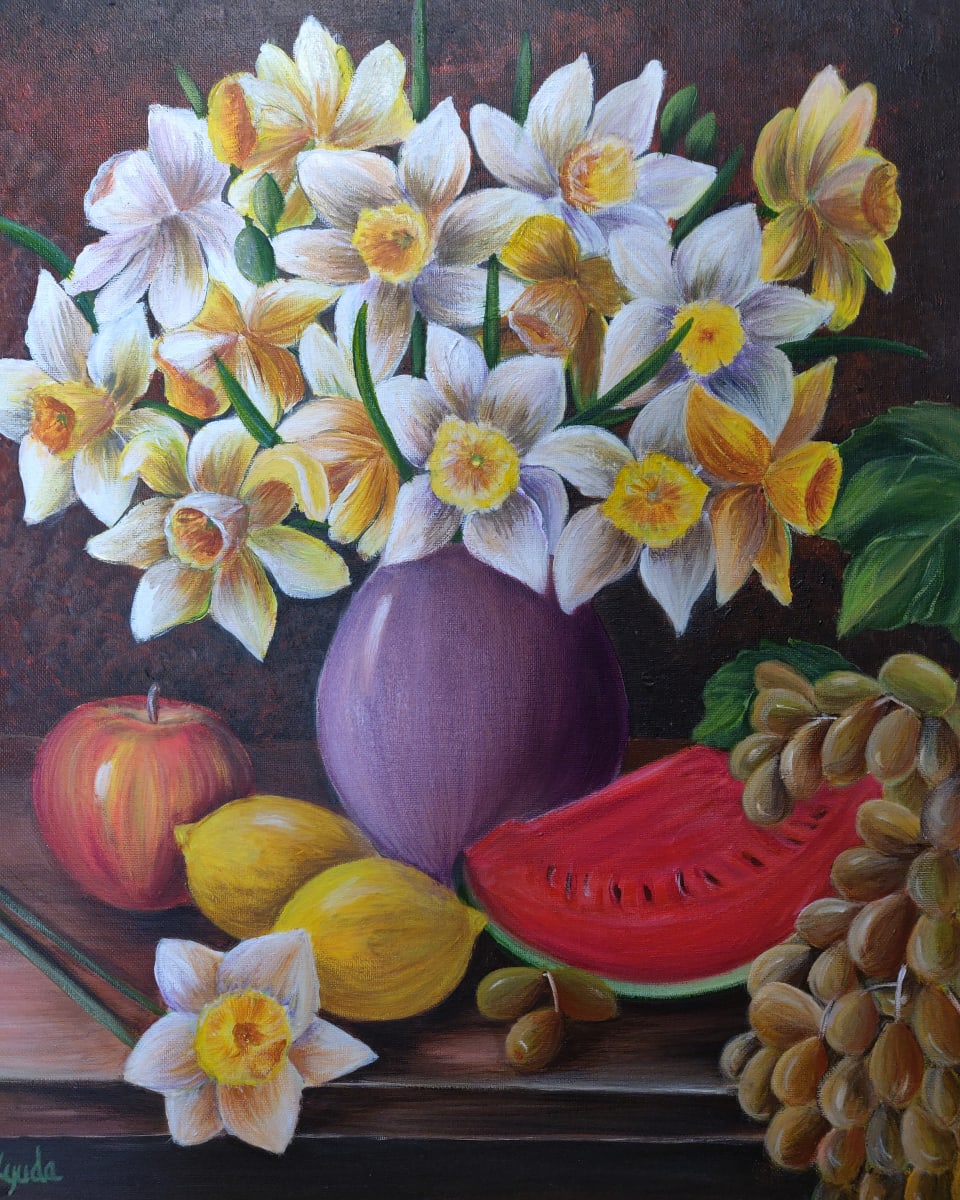 Daffodils and fruits by Lyuda Morhun 