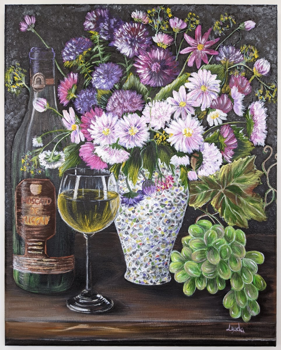 White Wine, Grapes and Flowers by Lyuda Morhun 