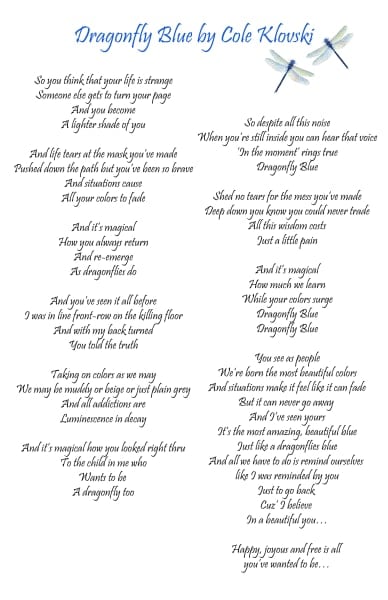 Poem: Dragonfly Blue by Cole Klovski III 