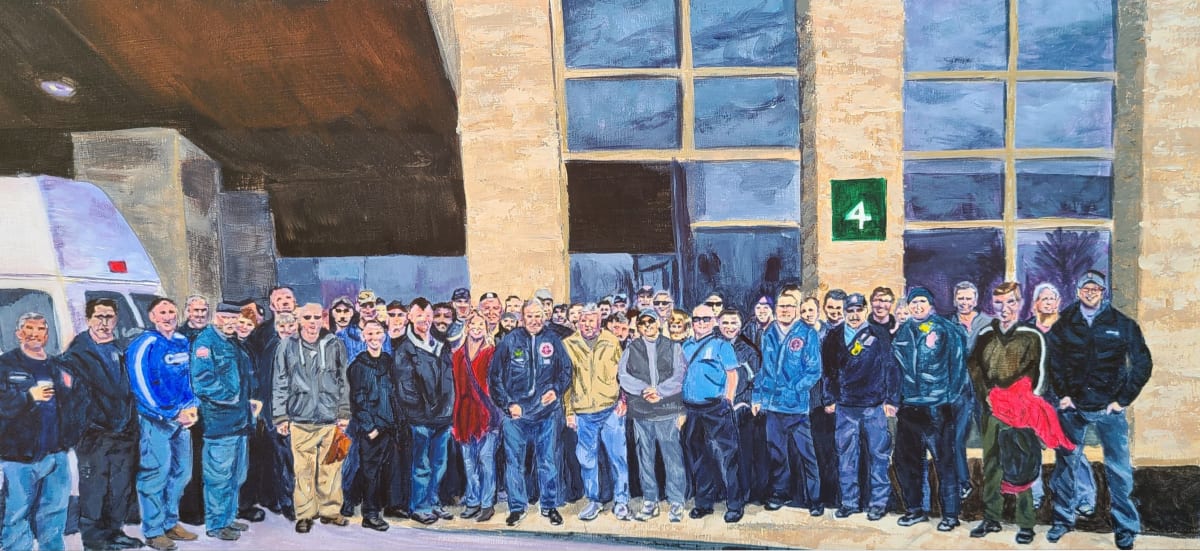 Brotherhood  Image: Brotherhood is an acrylic on canvas painting of a firefighter being supported by his colleagues as he shows up for treatment due to work-related cancer which ended up taking his life. 