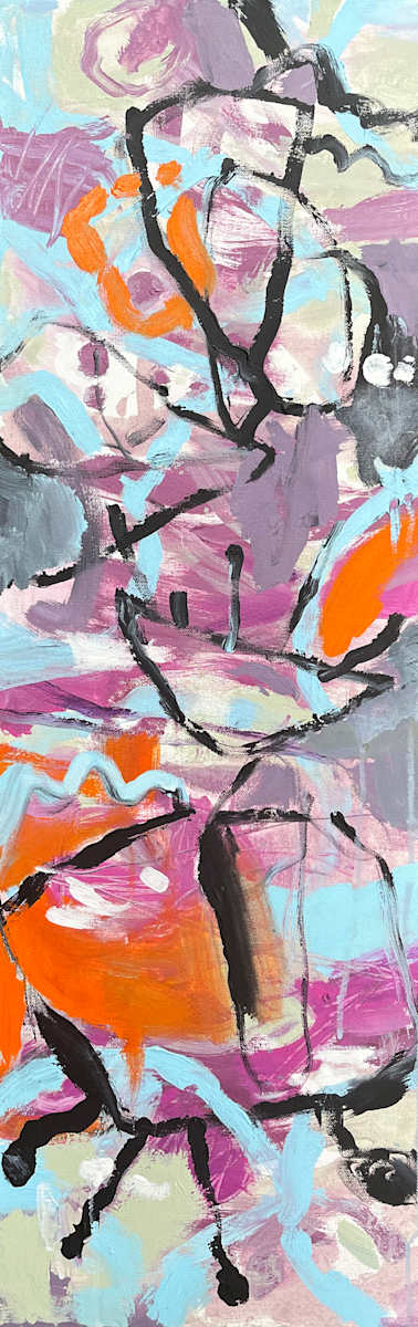 Cherry Blossoms by Linda Slattery Sherman  Image: blossoms, orange, blue, vertical, long, 