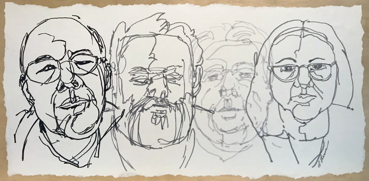 Zoom Fatigue  Image: I did contour drawings of the people I saw on my many Zoom meetings. This combination expressed my exhaustion brought on by watching the screen for more than an hour. Paper mounted on cradle board