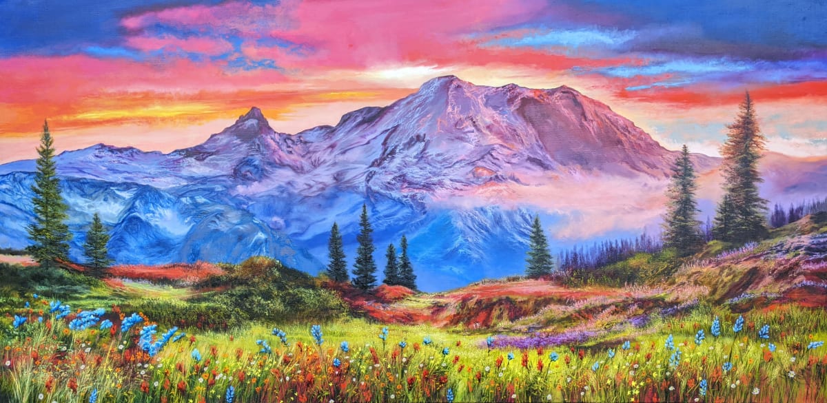 Mt Rainier in Spring Flowers by C J Elsip 