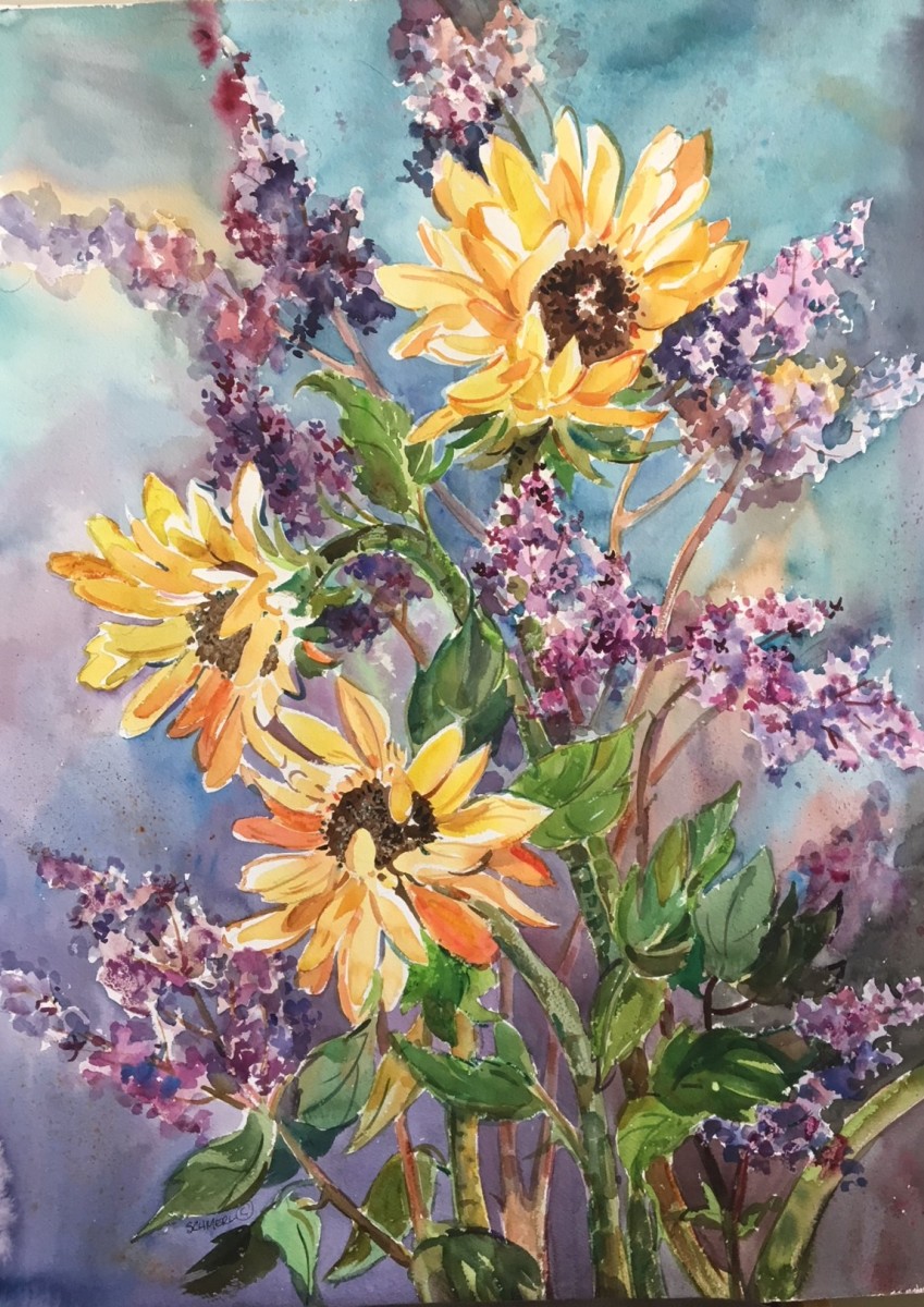 Lilacs and Sunflowers by Sarah G Schmerl 