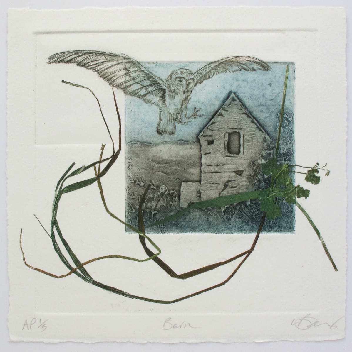 Barn 1/5 AP  Image: One of 5 AP after 20:20 print exchange.
Collagraph, drypoint and monoprint. 
On Somerset paper