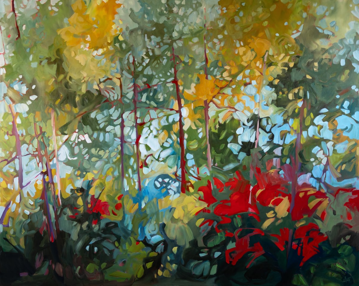 Getting Lost 3 by Holly Ann Friesen  Image: I use colour and value to slow down the audiences mind and energy where
writers use words and punctuation. With a change in value and warmer
colours I create a sense of transition into autumn with the warmth of summer
holding on in the dense canopy.
