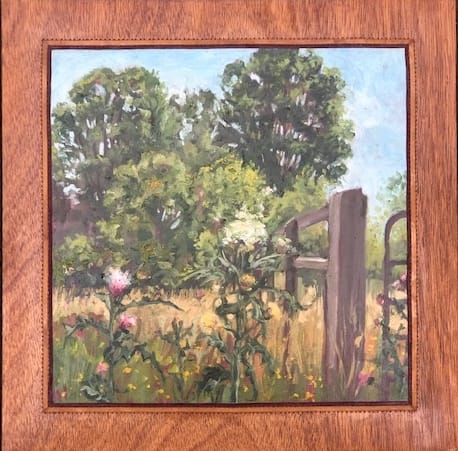 Thistleweed  Image: This was painted at a friends place when the thistleweed was bursting. The frame is unusual as in part it is coated ribbon secured to the unpainted panel.