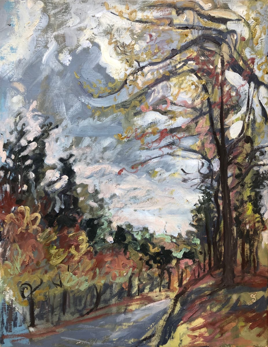 Spring Storm Arriving by Emily Eve Weinstein  Image: Spring storm arriving is exactly what this is. I had wanted to get an image done of the dramatic energy one could easily feel outside. I headed off down the road from where I live and pulled over as the air whipped around. As the painting was finished many many cars were lining up to pick up children from school. 

When Rosalynn Carter died, looking up information about her legacy, I discovered the Carter Center. Adequately moved I donated a painting I think highly of, Spring Storm Arriving. The under-painting is one of many of Steve Hessler's early images. He gave 50 canvases to Pittsboro Gallery of Arts to be re-used by the members. I was thrilled as I'm big on recycling and I'm kinda known for my peek-a-boo paintings.

Along 15-501 I stopped near the Catholic school. After a couple hours cars were lining up, and the carbom monoxide was deadly as their cars idled waitting for their children to get out of school. I really didn't need another reason to dislike religion.