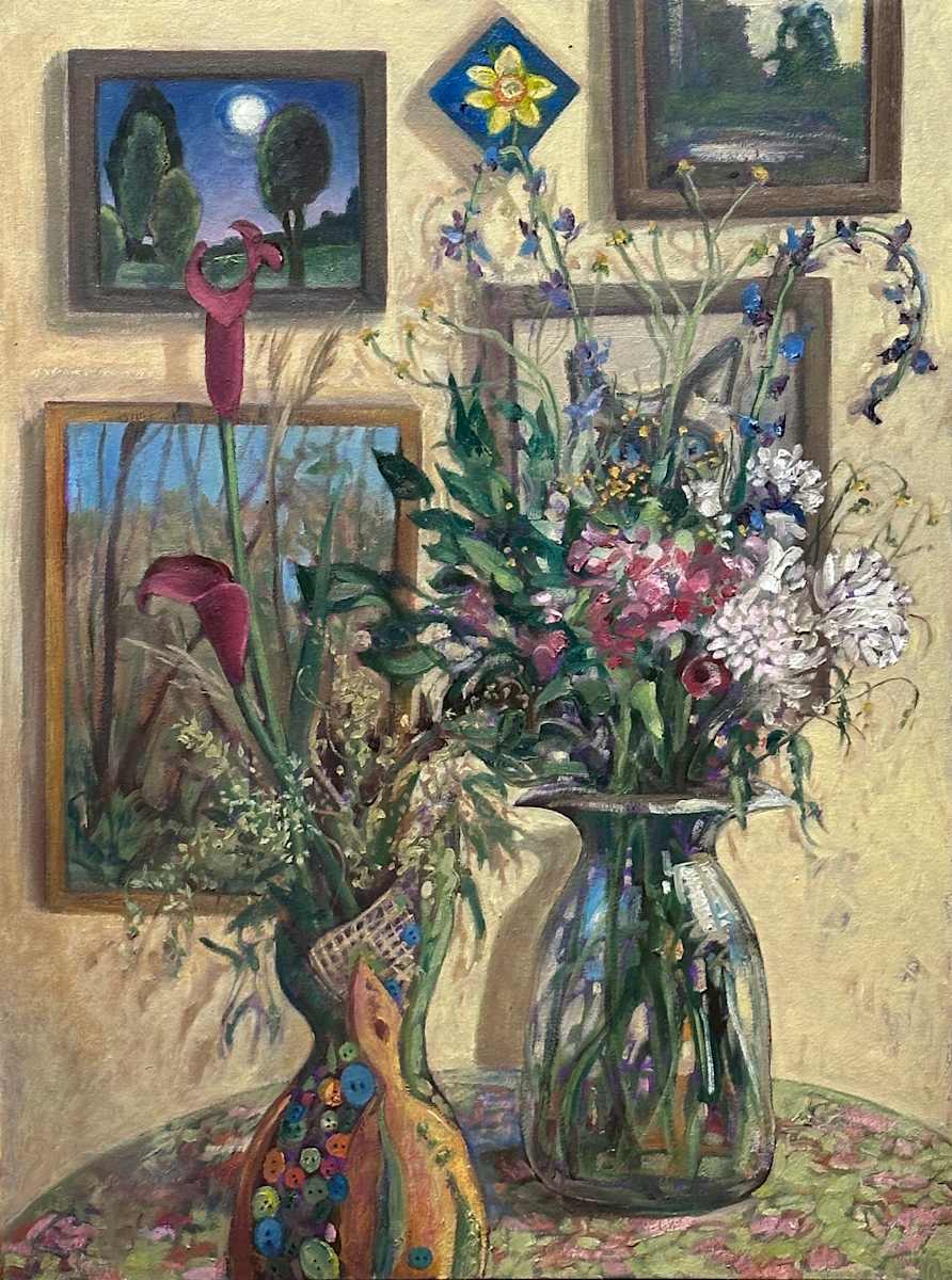 Two Parties, Two Bouquets by Emily Eve Weinstein  Image: Painted on Eco board with oil, 24 x 18" x 1" - I painted this virtually after two parties I'd attended in December 2024. As you can see behind, there is a primary gallery wall.