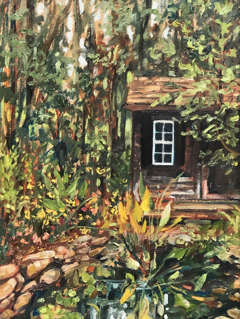 Get-a-Way  Image: Friends Greta & Hugh were moving to their get-away home in the mountains. This painting was created at their old homestead.