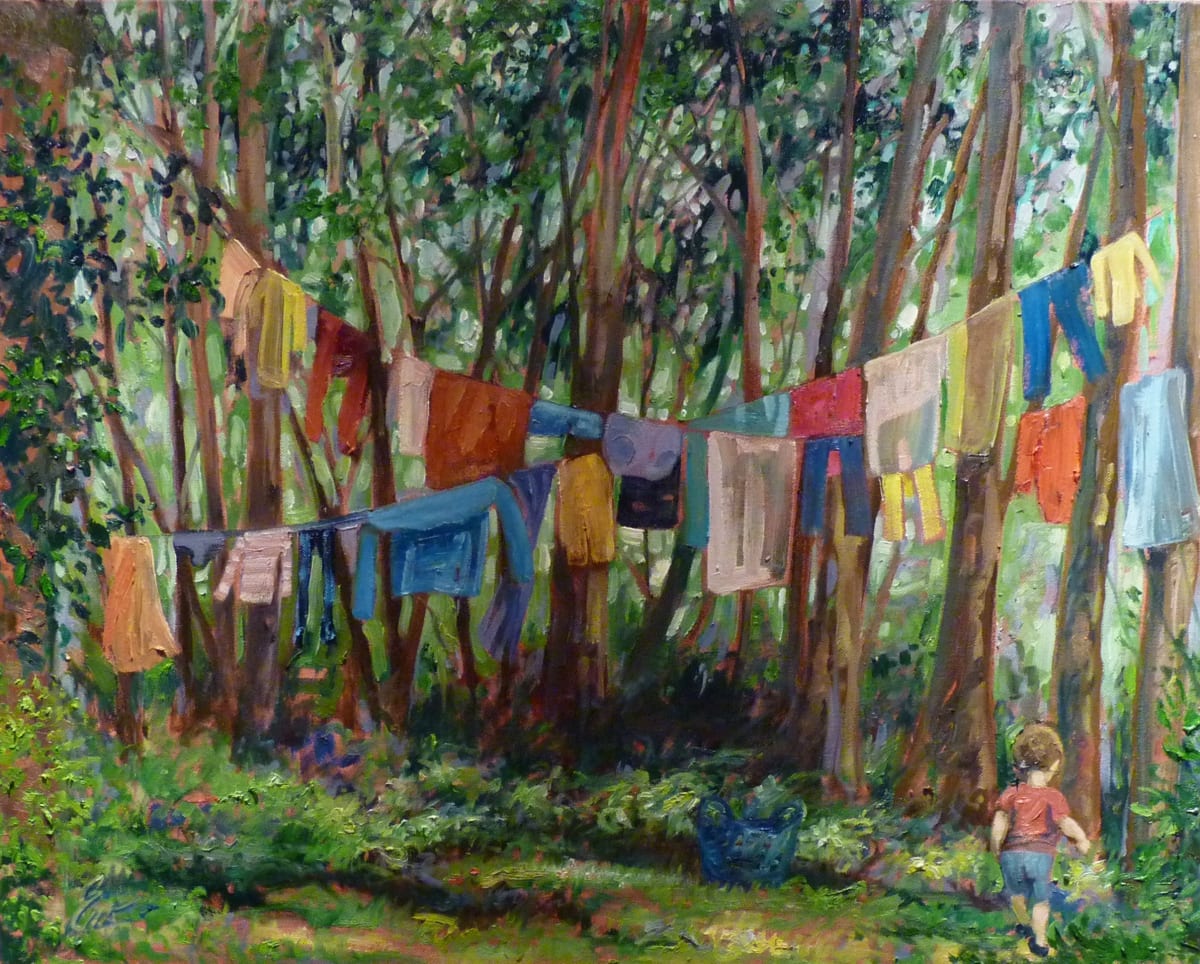 Clothesline  Image: The inspiration for this painting was a clothesline at a rental house of a couple with a toddler behind Burlington Park.