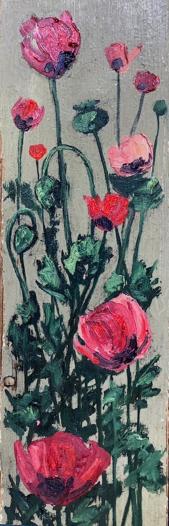 Flower Collection by Emily Eve Weinstein  Image: Carolyn's Poppies painted on a warm day at Carolyn's. Oil on wood.
Sold on June 11, 2023 to Cely & Bill.