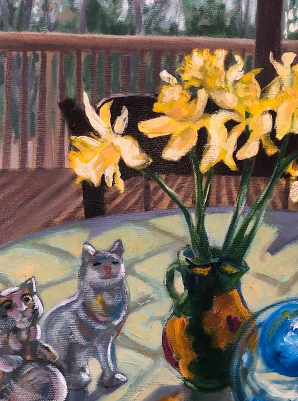Cats with Dafodils  Image: Early dafodils are too beautiful not to capture in a painting.