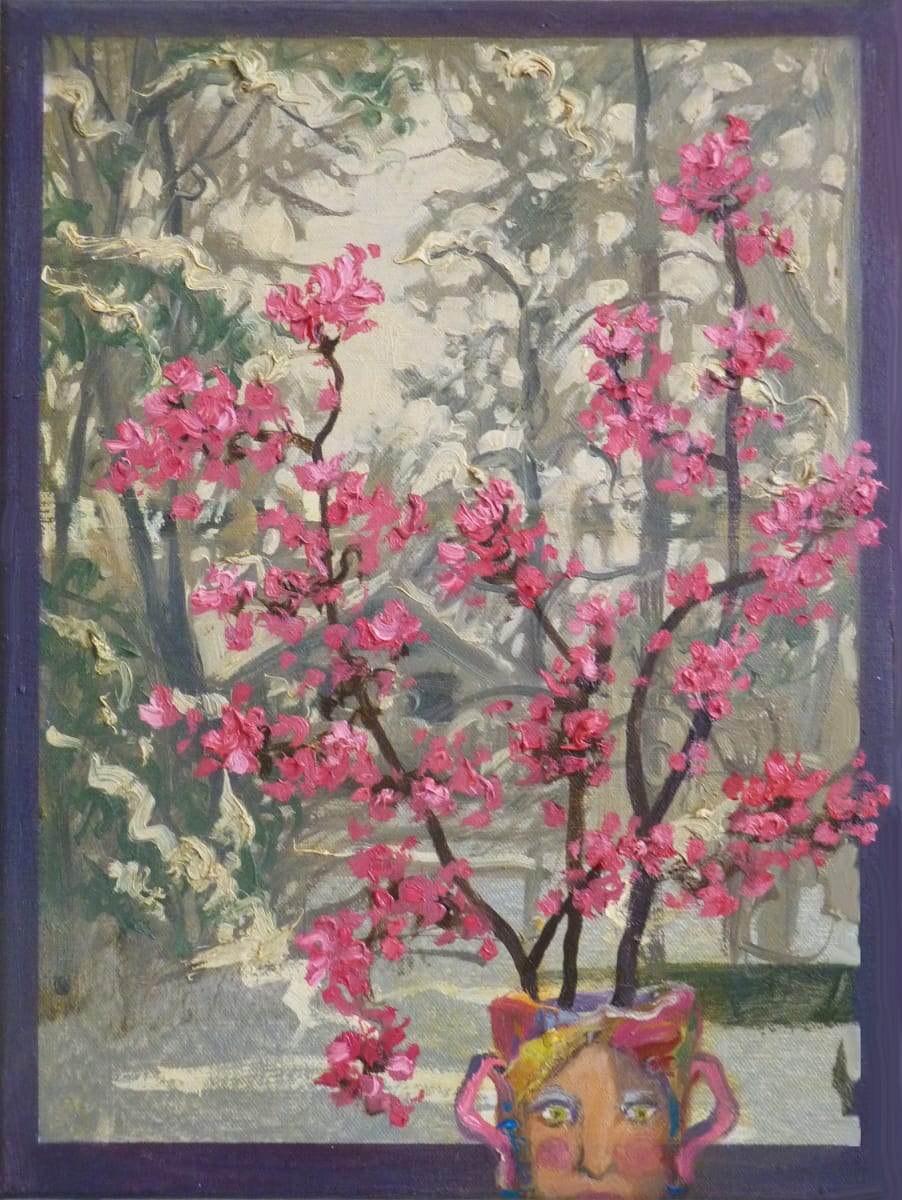 Primrose in Winter by Emily Eve Weinstein  Image: Part of a series I did of four canvases I painted with wintery backgrounds and then returned a week later to add spring foregrounds.