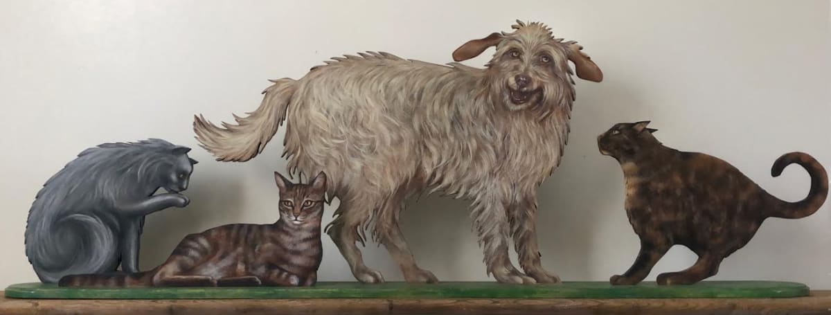 The Crew  Image: This cut-out is the actual sizes of my pets portrayed here. It is made out of cabinet grade birch plywood. There is a base and plexiglass cover that comes with it.