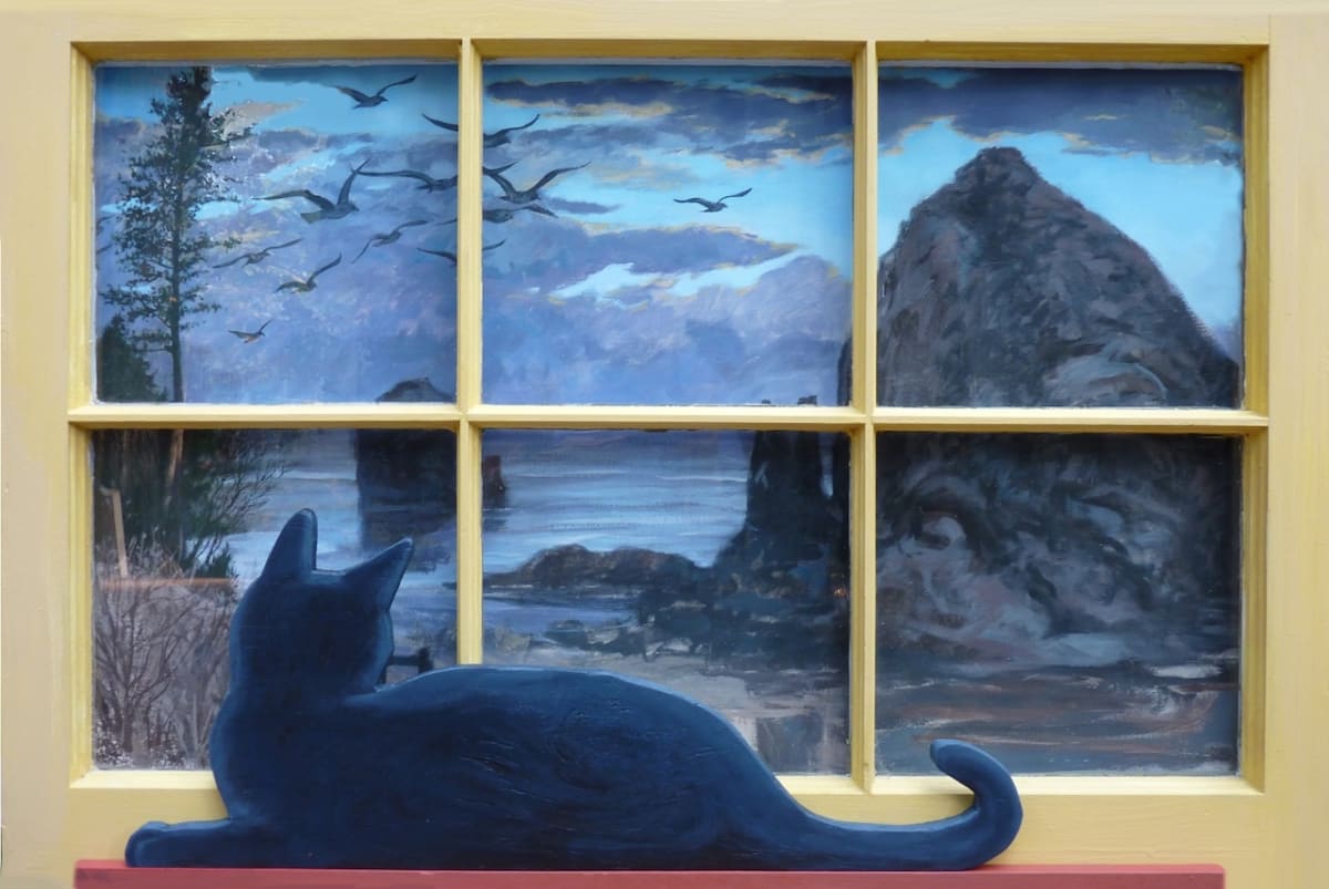 A Cat Named Rembrandt  Image: Rembrandt was one of my fosters, a very sweet large black cat. I had just returned from Portland, OR and wanted to include this local natural wonder from the west coast, Haystack (?), found a window, made a cut-out and voila! Sir Rembrandt on the West Coast!