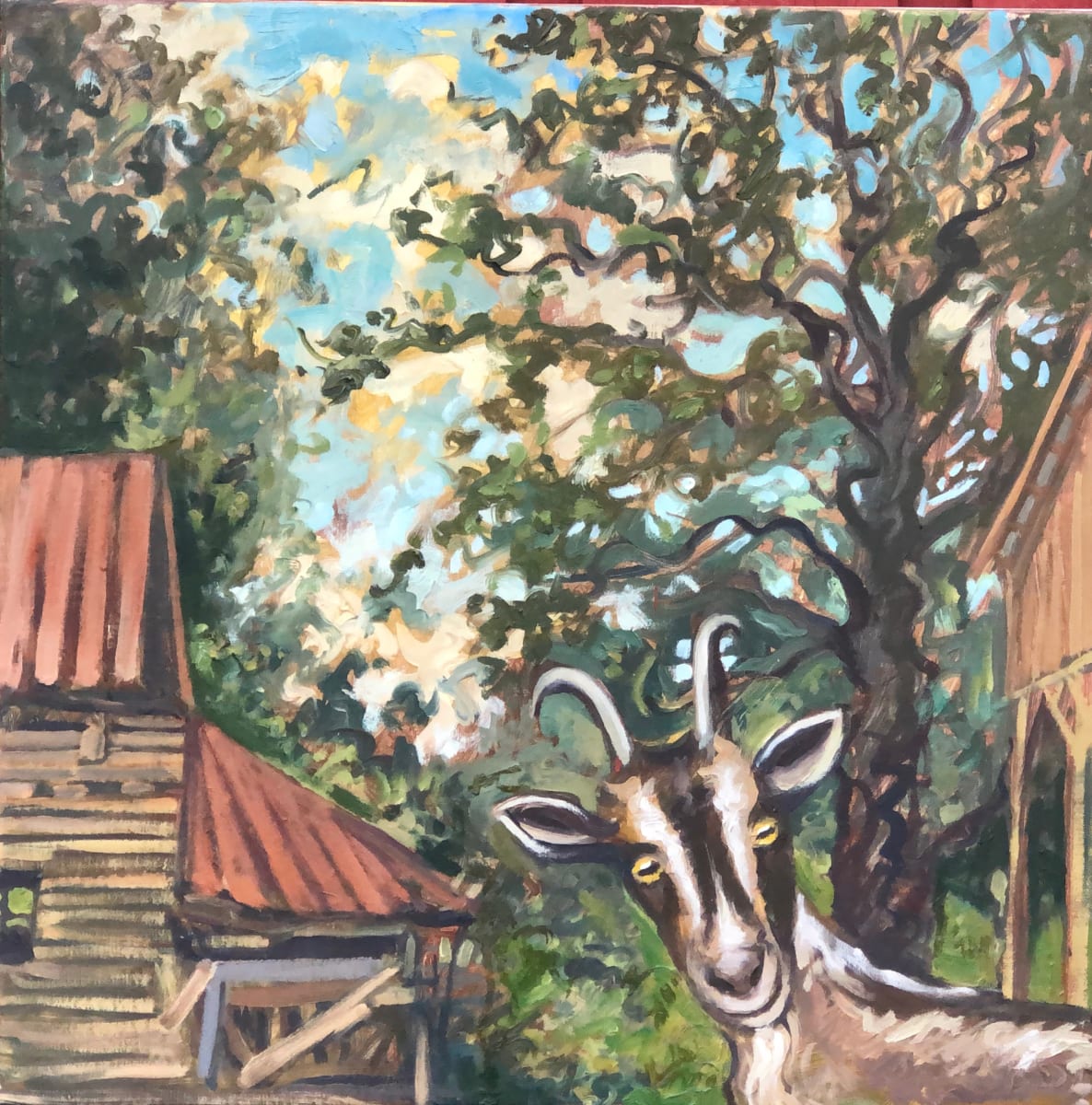 Goat Resident  Image: Started in 2017 while demonstrating plein aire painting; completed five years later.