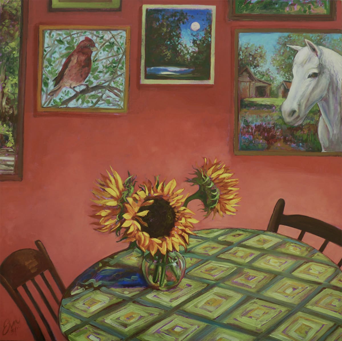 Sunflowers  Image: Marc bought the flowers and I felt they looked beautiful with the infamous horse, Mandy so of course, this painting. It is published in my book "Saving Magic Places".