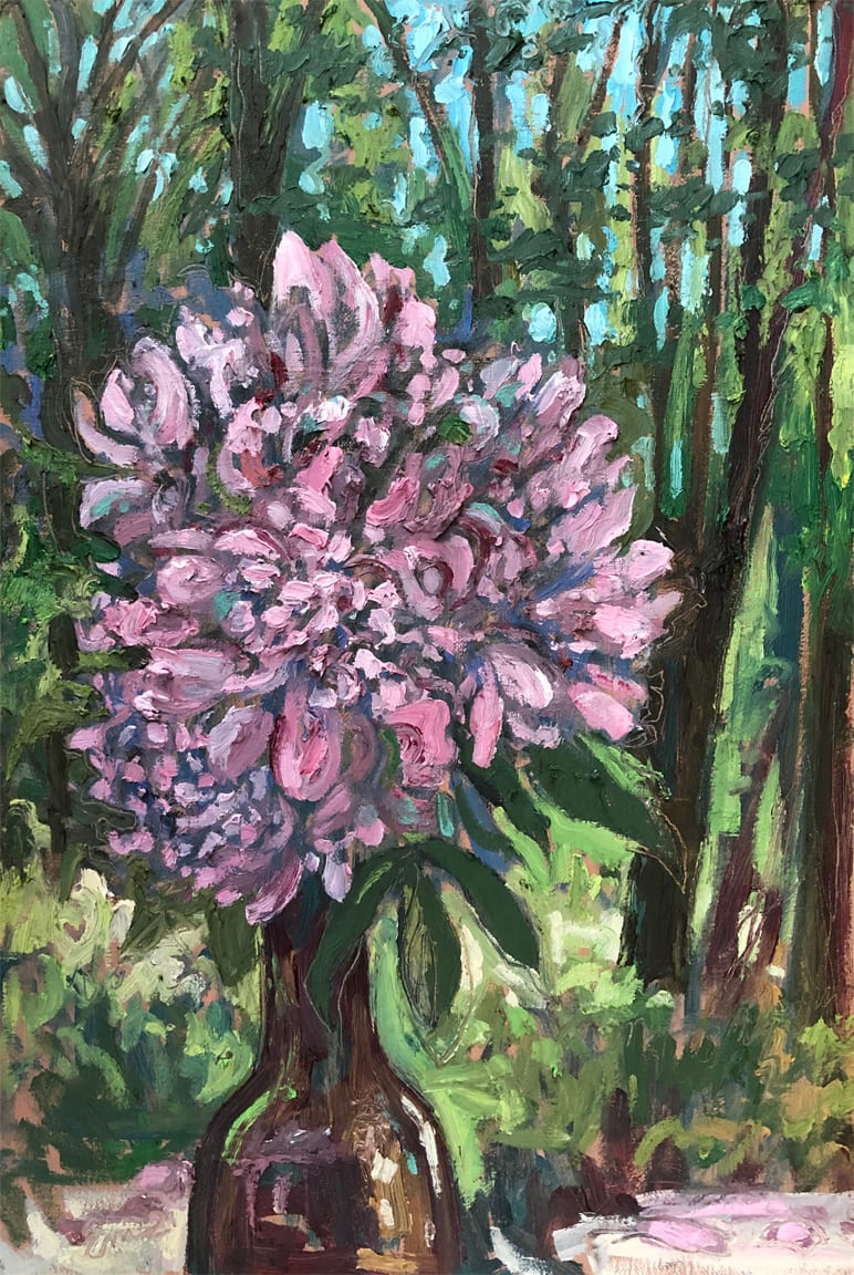 Peonies in Spring by Emily Eve Weinstein  Image: This painting was done right after I discovered mixing cold wax. In person this painting exemplifies the medium.