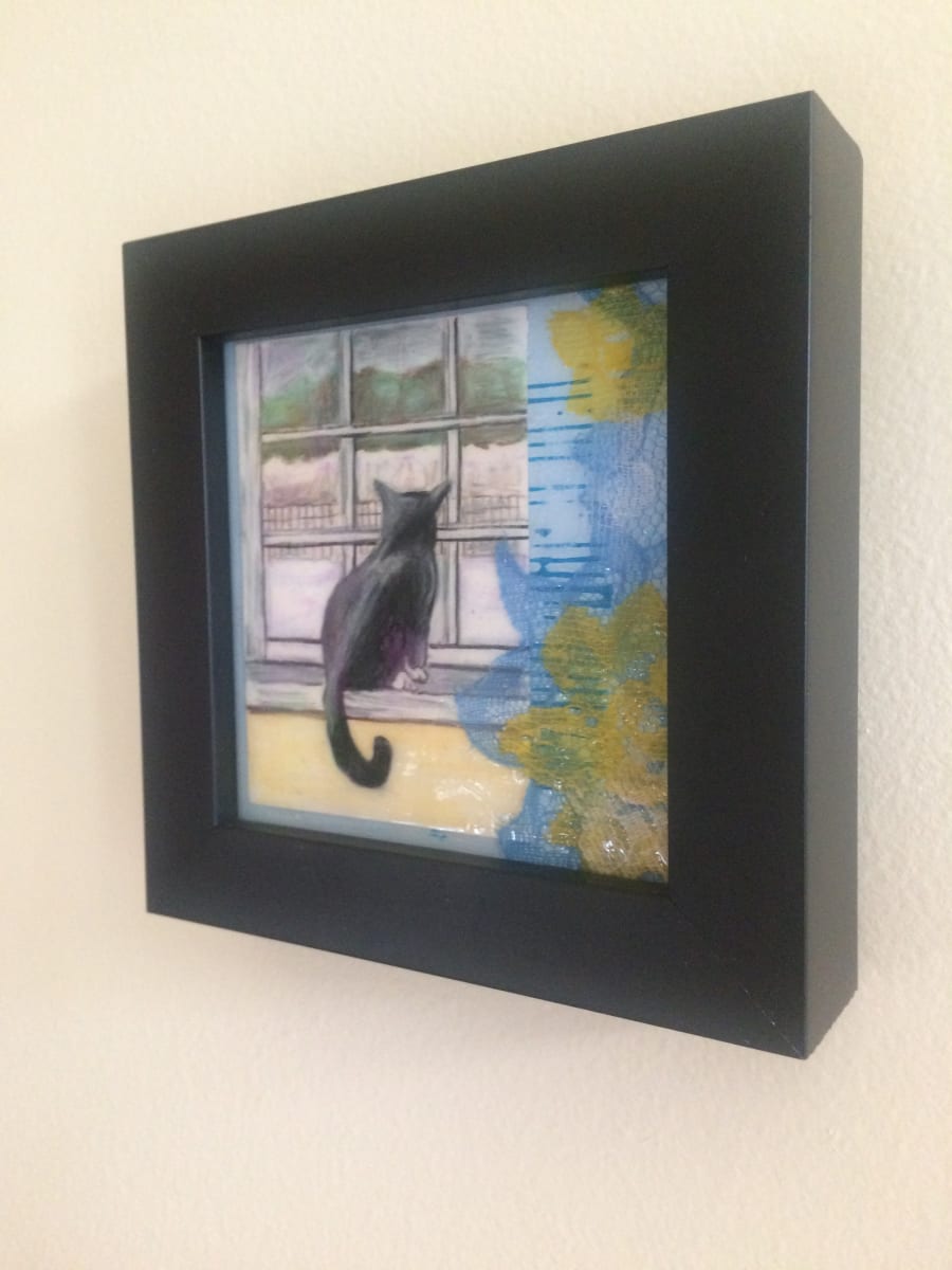 "Curious Cat", Mixed Media on Wood, framed, 4"x4" 