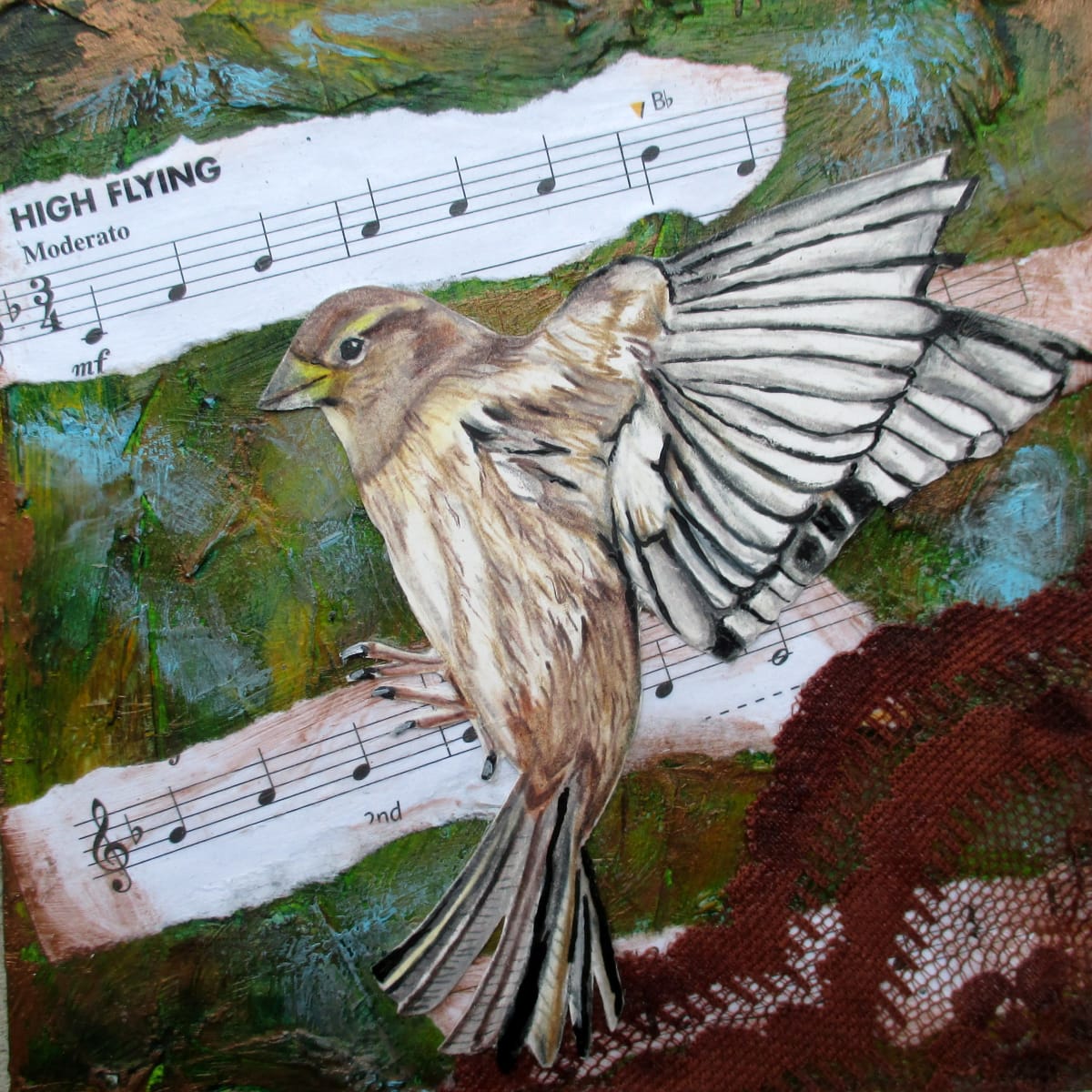 "High Flying", Mixed Media on Wood, framed, 6"x6" by Lisa Wiertel 