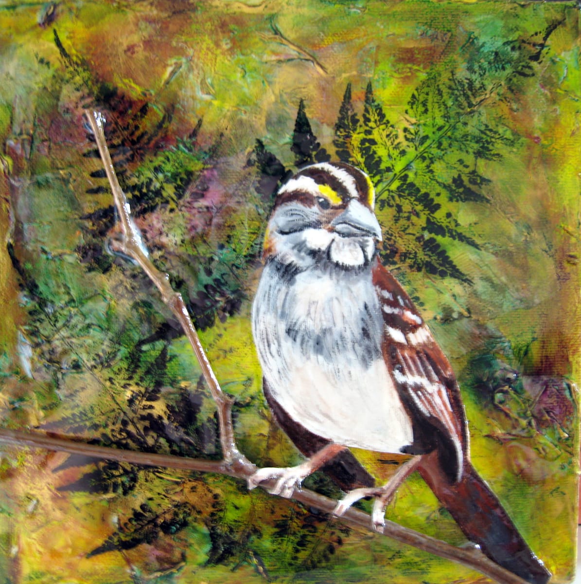 "White Throated Sparrow", Mixed Media on Canvas, 8"x8" by Lisa Wiertel 