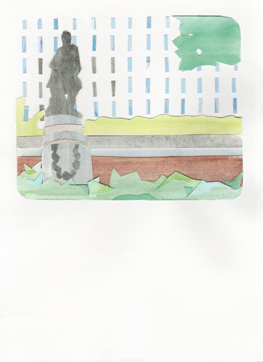 5. John Mifflin Hood Statue by Suzy Kopf  Image: I spent 2017-8 working in the archives of the Baltimore Streetcar Museum, seeking out the remaining locations of various buildings and structures pertaining to the now obliterated streetcar transit system that connected Baltimore until 1964. These 41 watercolor collages chronicle the only locations that remained in the city as of 2018— some have since disappeared as well.