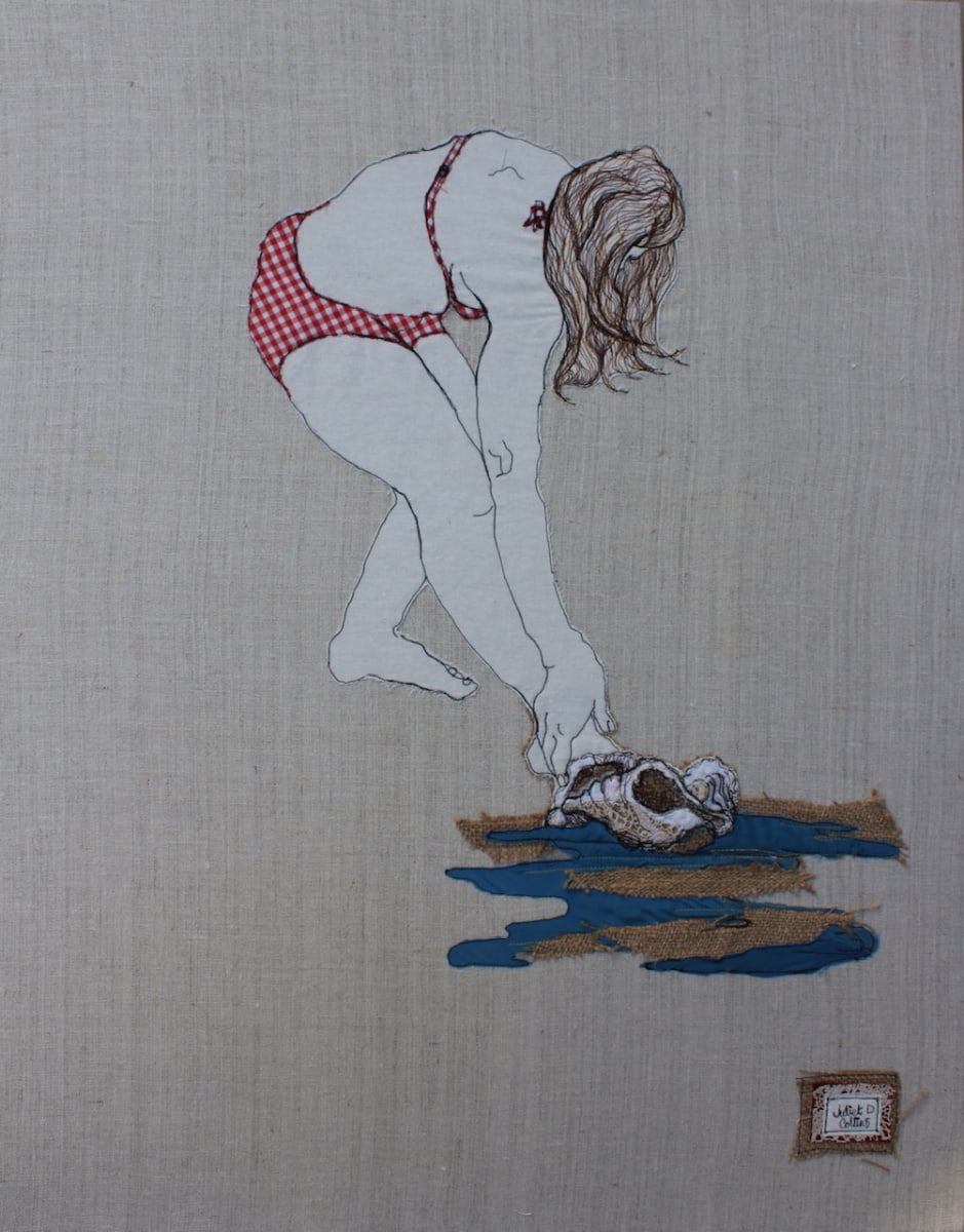 Shellpicker by Juliet D Collins  Image: Shellpicker embroidered thread and fabric life drawing by Juliet D Collins