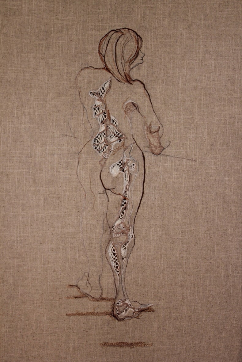 Exposed by Juliet D Collins  Image: Exposed embroidered thread life drawing on linen with vintage lace by Juliet D Collins