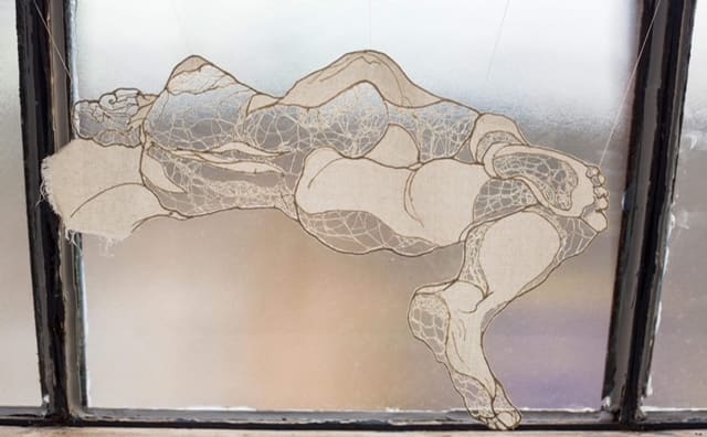 Emerging: Reclining by Juliet D Collins  Image: Emerging: Reclining embroidered thread free-hanging  life drawing by Juliet D Collins