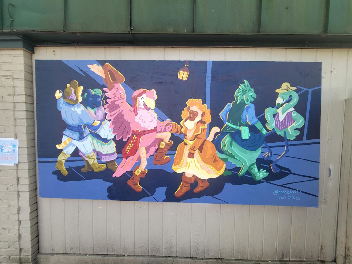 2025 Mural Slam by Jess Clark, Paige Doyle-Elwell, Sarah Egan, Naijah Garrett, Howie Green, Colomba Klenner, Caoin O'Durgy, Bruce Orr, Daphne Powers, Max Pro, Bobbie Smith, Jennifer Wackerle  Image: Pirate Dance by Caoin O'Durgy