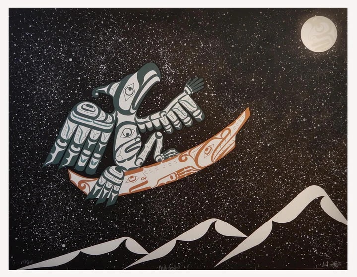 Hadidadut by Calvin Hunt  Image:  “In 2006 I had a feast, and during the feast we honored my wife, Marie Hunt, putting this name on her, Hadidadul – Reaching for the stars. In the print, the mountains represent Tlashkish, a mountain where a lot of my treasures come from. In a song composed by Kodi Nelson, it talks about paddling to Tlashkish, where I transform into a Thunderbird. In my supernatural canoe, which is designed with the Sisiutl, a protector and family crest, I travel up to the heavens in search of a star for my wife. Having not been able to accomplish this, I come back to her with a name, Reaching for the Stars" —Calvin Hunt