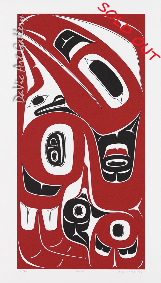 Raven by Eugene Alfred  Image: Description by Artist: “Raven is known as the creator, the trickster and the transformer. The exploits of the raven figure are well documented in the stories of the Tlingit people. His image is an important family crest figure frequently in the art.”